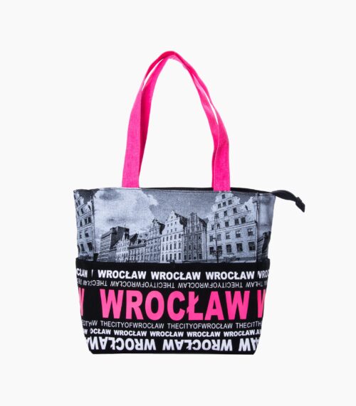 Torba Wrocław z nadrukiem czarno-białym, napisem i różowymi uchwytami