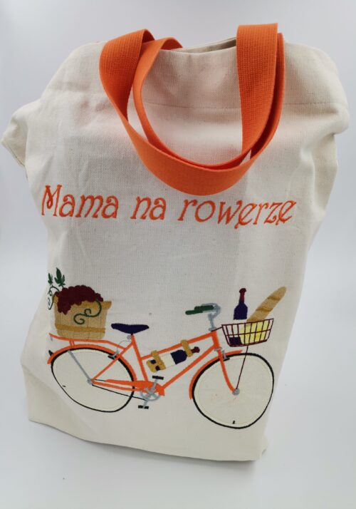 Torba z wyhaftowanym rowerem i napisem Mama na rowerze